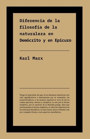 Diferencia entre la filosofía de la naturaleza en Demócrito y en Epicuro | 9791388115141 | Marx, Karl